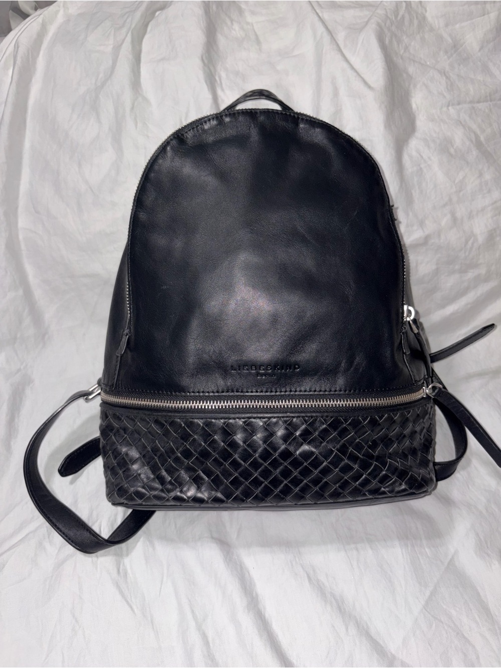 RARE Vintage Liebeskind Berlin Black Leather Backpack Adjustable Strap Woven